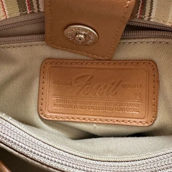 Fossil Y2K Striped Canvas Shoulder Bag Tote Green Brown Boho Casual Everyday - Picture 10 of 10